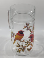 Vintage Red Yellow Blue Birds on Branches 8 1/4" Tall Clear Glass Pitcher Jug Made in France