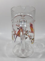 Vintage Red Yellow Blue Birds on Branches 8 1/4" Tall Clear Glass Pitcher Jug Made in France