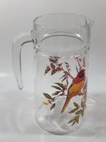 Vintage Red Yellow Blue Birds on Branches 8 1/4" Tall Clear Glass Pitcher Jug Made in France