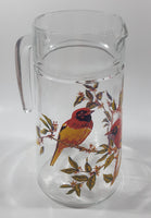 Vintage Red Yellow Blue Birds on Branches 8 1/4" Tall Clear Glass Pitcher Jug Made in France