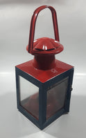 Antique British Railways Midland Hand Carry Oil Light Lantern 13" Tall Red and Teal Green Metal with Glass Panels