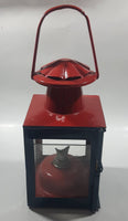 Antique British Railways Midland Hand Carry Oil Light Lantern 13" Tall Red and Teal Green Metal with Glass Panels