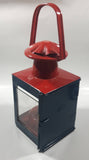 Antique British Railways Midland Hand Carry Oil Light Lantern 13" Tall Red and Teal Green Metal with Glass Panels