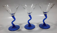 Set of 3 Vintage Clear Bowl Blue Bent Stem Martini Glasses