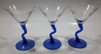 Set of 3 Vintage Clear Bowl Blue Bent Stem Martini Glasses