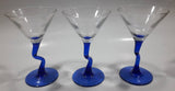 Set of 3 Vintage Clear Bowl Blue Bent Stem Martini Glasses