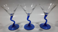 Set of 3 Vintage Clear Bowl Blue Bent Stem Martini Glasses