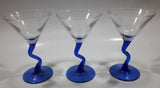 Set of 3 Vintage Clear Bowl Blue Bent Stem Martini Glasses