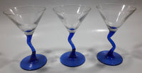 Set of 3 Vintage Clear Bowl Blue Bent Stem Martini Glasses