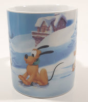 Enesco Disney Mickey Mouse, Minnie Mouse, Goofy, and Pluto Winter Scene Ice Skating on A Pond 3 3/4" Tall Ceramic Coffee Mug Cup