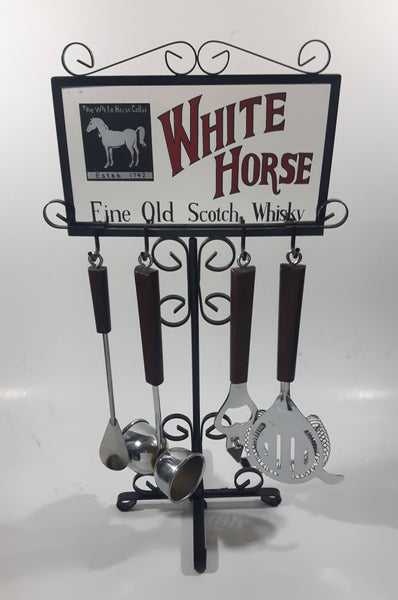 Vintage White Horse Fine Old Scotch Whisky Mirror Nostalgia Bar Tools Drink Mixing 14 1/2" Tall 5 Piece Set Man Cave Collectible