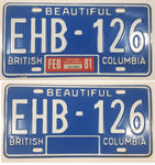 Set of Matching 1981 Beautiful British Columbia Blue with White Letters Vehicle License Plate EHB 126