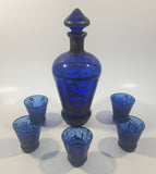 Antique 19th Century Cobalt Blue Decanter set with Decorative Silver Motif