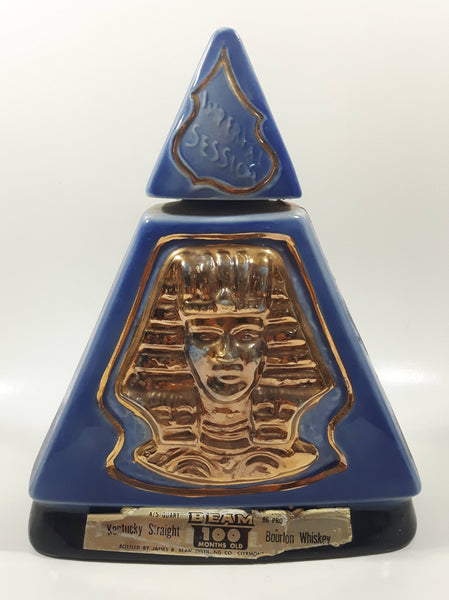 Vintage 1970 Jim Beam Kentucky Whiskey Imperial Sessions King Tut Themed Blue and Gold Egyptian Pyramid Shaped 9" Tall Embossed Decanter Bottle