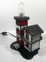 Vintage Highly Detailed Lighthouse Red White and Green Leaded Stained Glass 7" Tall Decorative Light Table Lamp