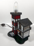 Vintage Highly Detailed Lighthouse Red White and Green Leaded Stained Glass 7" Tall Decorative Light Table Lamp