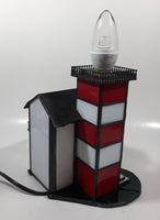 Vintage Highly Detailed Lighthouse Red White and Green Leaded Stained Glass 7" Tall Decorative Light Table Lamp