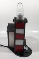 Vintage Highly Detailed Lighthouse Red White and Green Leaded Stained Glass 7" Tall Decorative Light Table Lamp