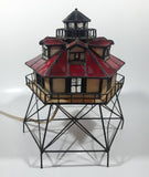 Vintage Highly Detailed Lighthouse Red and Beige Leaded Stained Glass 9 1/2" Tall Decorative Flashing Light Table Lamp