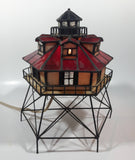 Vintage Highly Detailed Lighthouse Red and Beige Leaded Stained Glass 9 1/2" Tall Decorative Flashing Light Table Lamp