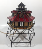 Vintage Highly Detailed Lighthouse Red and Beige Leaded Stained Glass 9 1/2" Tall Decorative Flashing Light Table Lamp