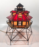 Vintage Highly Detailed Lighthouse Red and Beige Leaded Stained Glass 9 1/2" Tall Decorative Flashing Light Table Lamp