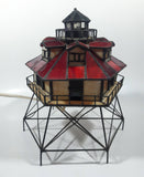 Vintage Highly Detailed Lighthouse Red and Beige Leaded Stained Glass 9 1/2" Tall Decorative Flashing Light Table Lamp