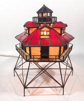 Vintage Highly Detailed Lighthouse Red and Beige Leaded Stained Glass 9 1/2" Tall Decorative Flashing Light Table Lamp