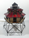 Vintage Highly Detailed Lighthouse Red and Beige Leaded Stained Glass 9 1/2" Tall Decorative Flashing Light Table Lamp