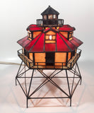 Vintage Highly Detailed Lighthouse Red and Beige Leaded Stained Glass 9 1/2" Tall Decorative Flashing Light Table Lamp