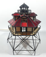 Vintage Highly Detailed Lighthouse Red and Beige Leaded Stained Glass 9 1/2" Tall Decorative Flashing Light Table Lamp