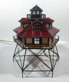 Vintage Highly Detailed Lighthouse Red and Beige Leaded Stained Glass 9 1/2" Tall Decorative Flashing Light Table Lamp