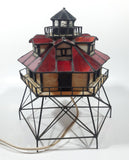 Vintage Highly Detailed Lighthouse Red and Beige Leaded Stained Glass 9 1/2" Tall Decorative Flashing Light Table Lamp