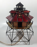 Vintage Highly Detailed Lighthouse Red and Beige Leaded Stained Glass 9 1/2" Tall Decorative Flashing Light Table Lamp