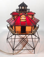 Vintage Highly Detailed Lighthouse Red and Beige Leaded Stained Glass 9 1/2" Tall Decorative Flashing Light Table Lamp