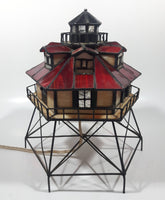 Vintage Highly Detailed Lighthouse Red and Beige Leaded Stained Glass 9 1/2" Tall Decorative Flashing Light Table Lamp