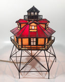 Vintage Highly Detailed Lighthouse Red and Beige Leaded Stained Glass 9 1/2" Tall Decorative Flashing Light Table Lamp