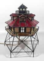 Vintage Highly Detailed Lighthouse Red and Beige Leaded Stained Glass 9 1/2" Tall Decorative Flashing Light Table Lamp