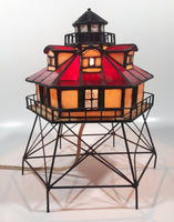 Vintage Highly Detailed Lighthouse Red and Beige Leaded Stained Glass 9 1/2" Tall Decorative Flashing Light Table Lamp