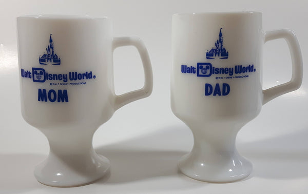 Vintage Walt Disney World Mom and Dad 5 1/2" Tall Pedestal Milk Glass Mug Cups Set