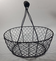 Black Metal Chicken Wire Basket with Wooden Handle 12" Wide