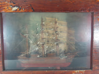 Antique Detailed Wooden Tall Ship Model with Ship Background and Leather Ties in Wood Shadow Box 5 1/4" x 14" x 19"