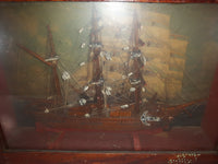 Antique Detailed Wooden Tall Ship Model with Ship Background and Leather Ties in Wood Shadow Box 5 1/4" x 14" x 19"