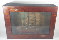 Antique Detailed Wooden Tall Ship Model with Ship Background and Leather Ties in Wood Shadow Box 5 1/4" x 14" x 19"