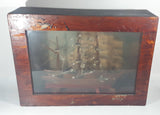 Antique Detailed Wooden Tall Ship Model with Ship Background and Leather Ties in Wood Shadow Box 5 1/4" x 14" x 19"