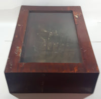 Antique Detailed Wooden Tall Ship Model with Ship Background and Leather Ties in Wood Shadow Box 5 1/4" x 14" x 19"