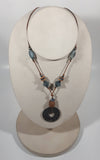 Caveman Cave Wall Painting Themed Metal Etched Pendants Light Blue and White Bead 28" Long Necklace