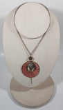Pink Disc Perforated Heart Shapes with Metal Leaf Charm and Wood Bead 20" Long Metal Necklace