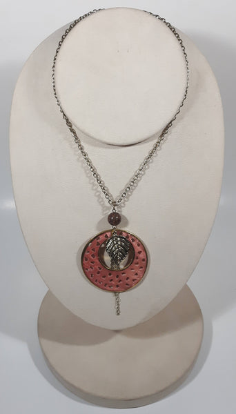 Pink Disc Perforated Heart Shapes with Metal Leaf Charm and Wood Bead 20" Long Metal Necklace