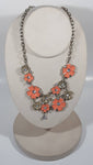 Pink Enamel Flowers Clear Plastic Rhinestone 16" Long Metal Necklace